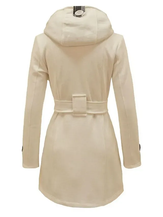 Women's Winter Coat Long Overcoat with Belt Elegant Pea Coat with Plaid Hood Double Breasted Warm Windproof Trench Coat Stylish Contemporary Casual Jacket Long Sleeve Black