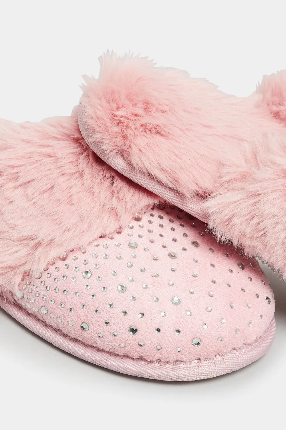Pink Diamante Faux Fur Slippers In Wide E Fit