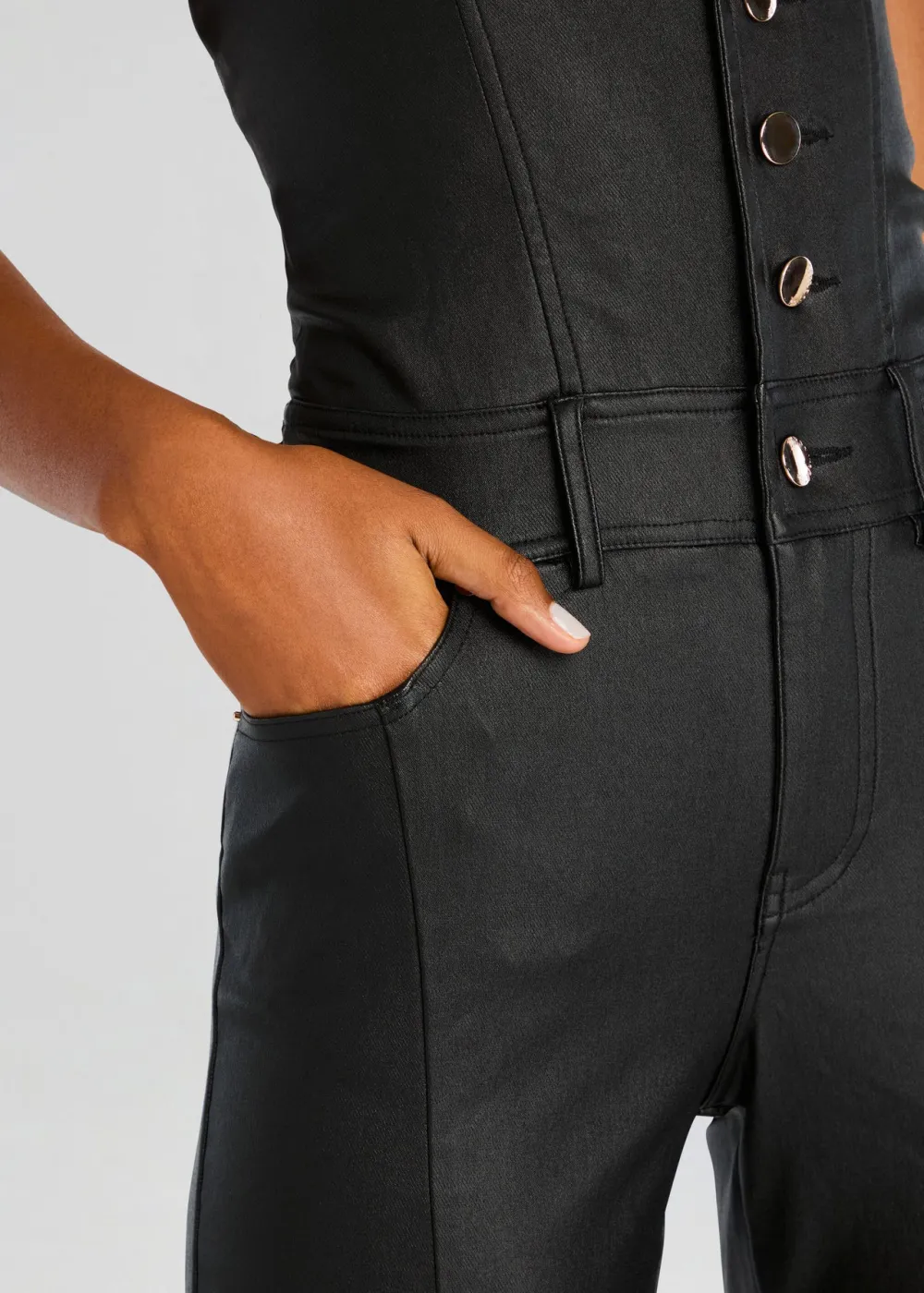 Deep V Neck Coated Denim Jumpsuit