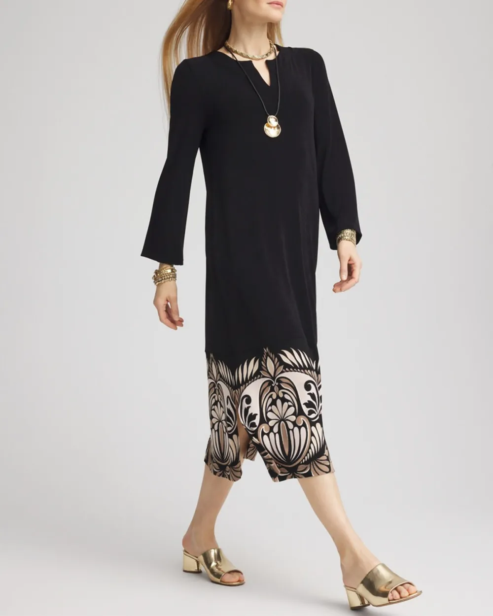 Long Sleeve Embroidered Hem Midi Dress