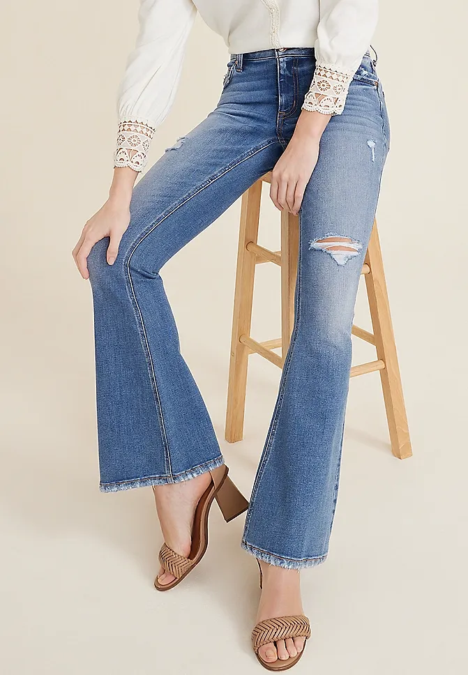 Mid Rise Ripped Flare Jean