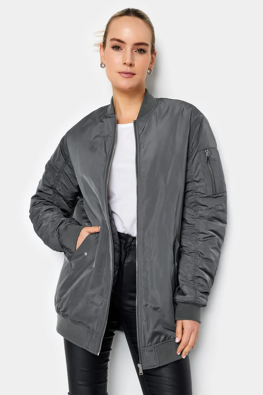 LTS Tall Grey Padded Longline Bomber Jacket