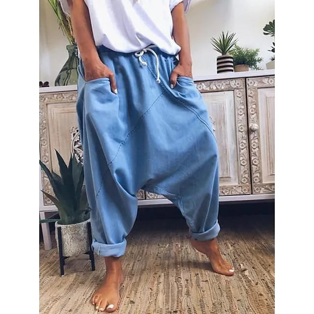 Women's Fashion Streetwear Chinos Harem Pants Side Pockets Baggy Elastic Drawstring Design Full Length Pants Casual Weekend Micro-elastic Plain Linen / Cotton Blend Comfort Mid Waist Loose Blue Gray