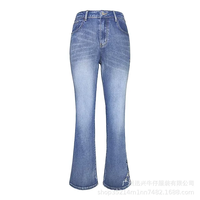 Women‘s Low Rise Jeans Bootcut Flared Pants Full Length Denim Embroidered Side Pockets Stretchy High Waist Fashion Casual Office Vacation Robin‘s Egg Blue S M