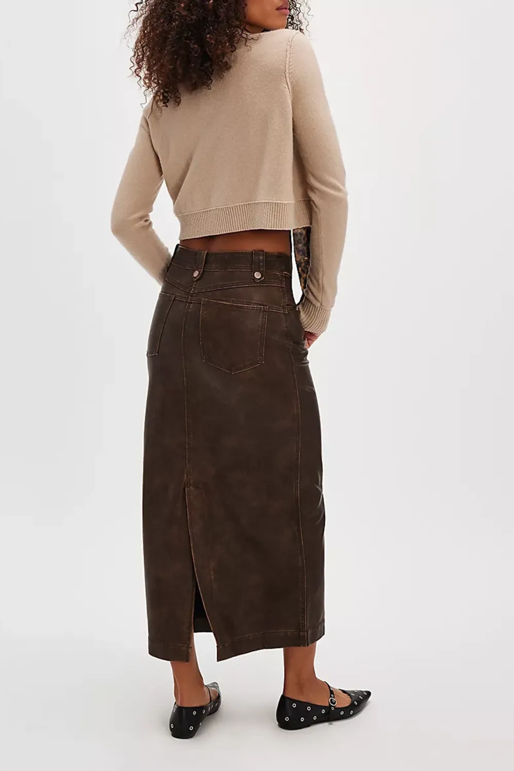 Faux Leather Button Front Slit Maxi Skirt