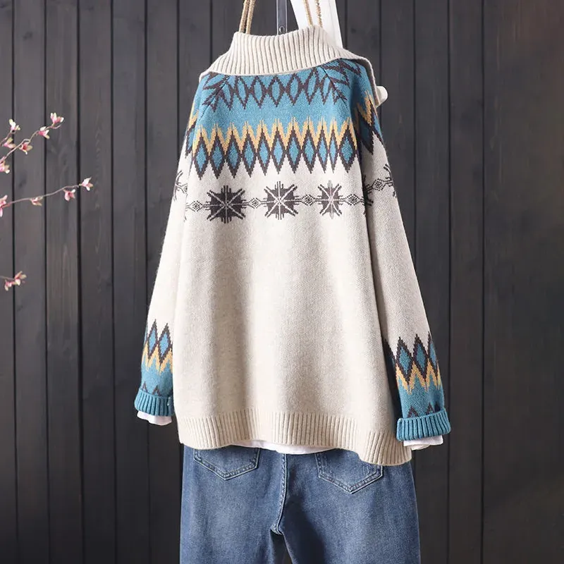 Vintage Icelandic Jacquard Sweater Lapel Cardigan