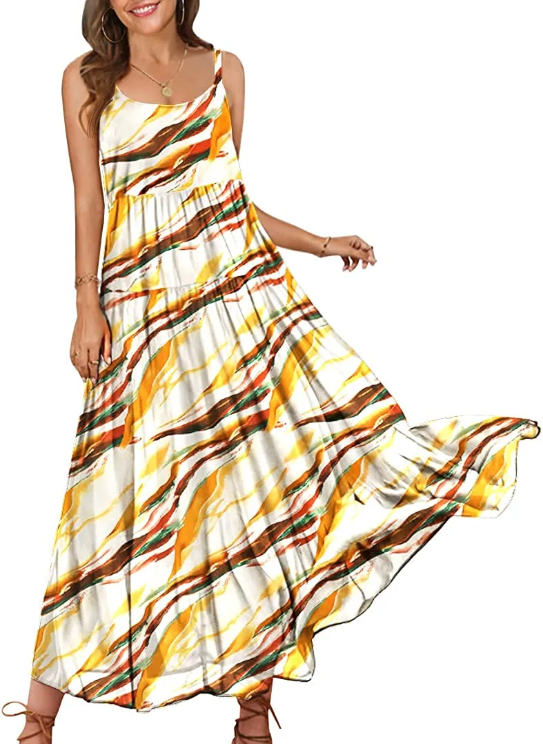 Summer Dresses for Women Casual Loose Bohemian Floral Dress with Pockets Spaghetti Strap Maxi Dress E75