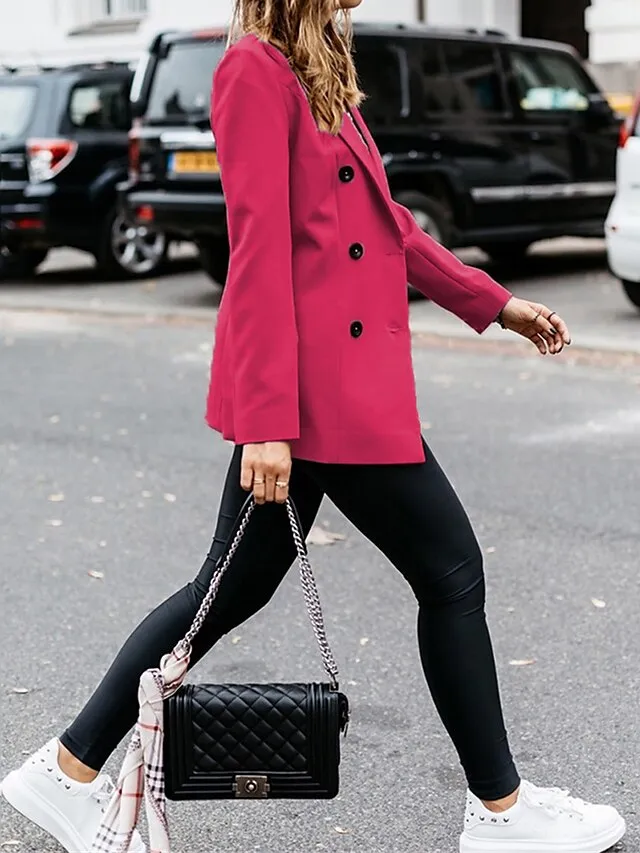 Women's Blazer Outdoor Button Solid Color Warm Fashion Regular Fit Outerwear Long Sleeve Fall Light Blue S