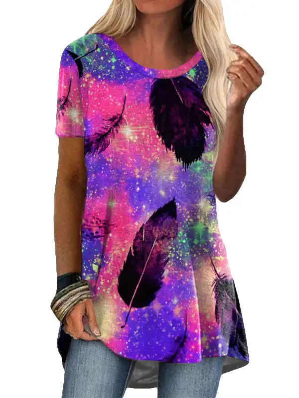 Women's Floral Printed Short Sleeve Scoop Neck Tops