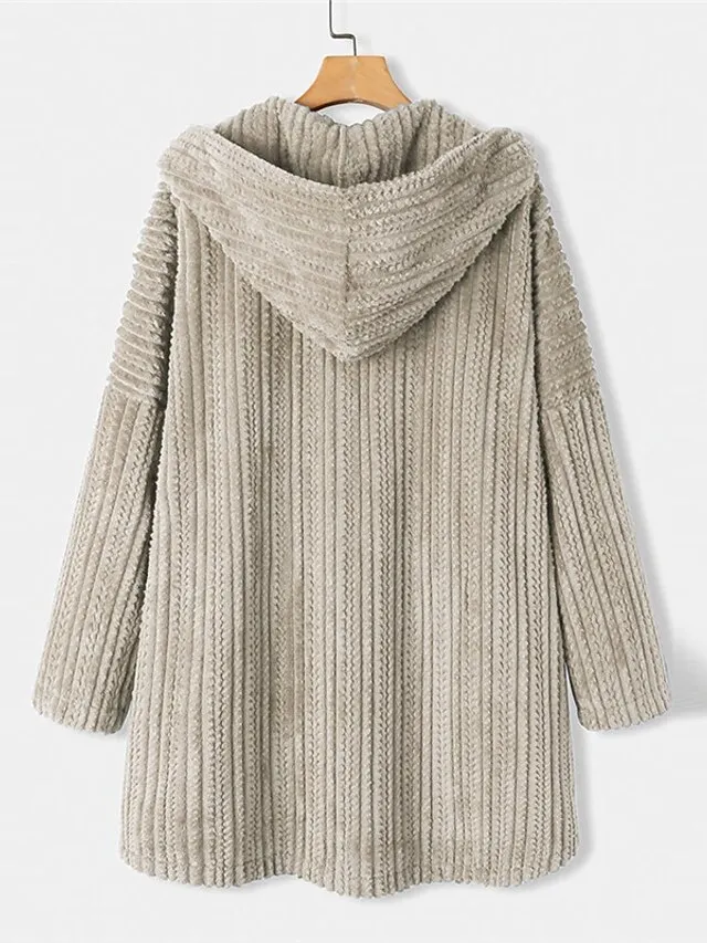 Women's Plus Size Teddy Coat Winter Coat Button Pocket Plain Outdoor Causal Long Sleeve Hoodie Regular Winter Fall Black Blue Khaki XL XXL 3XL 4XL 5XL