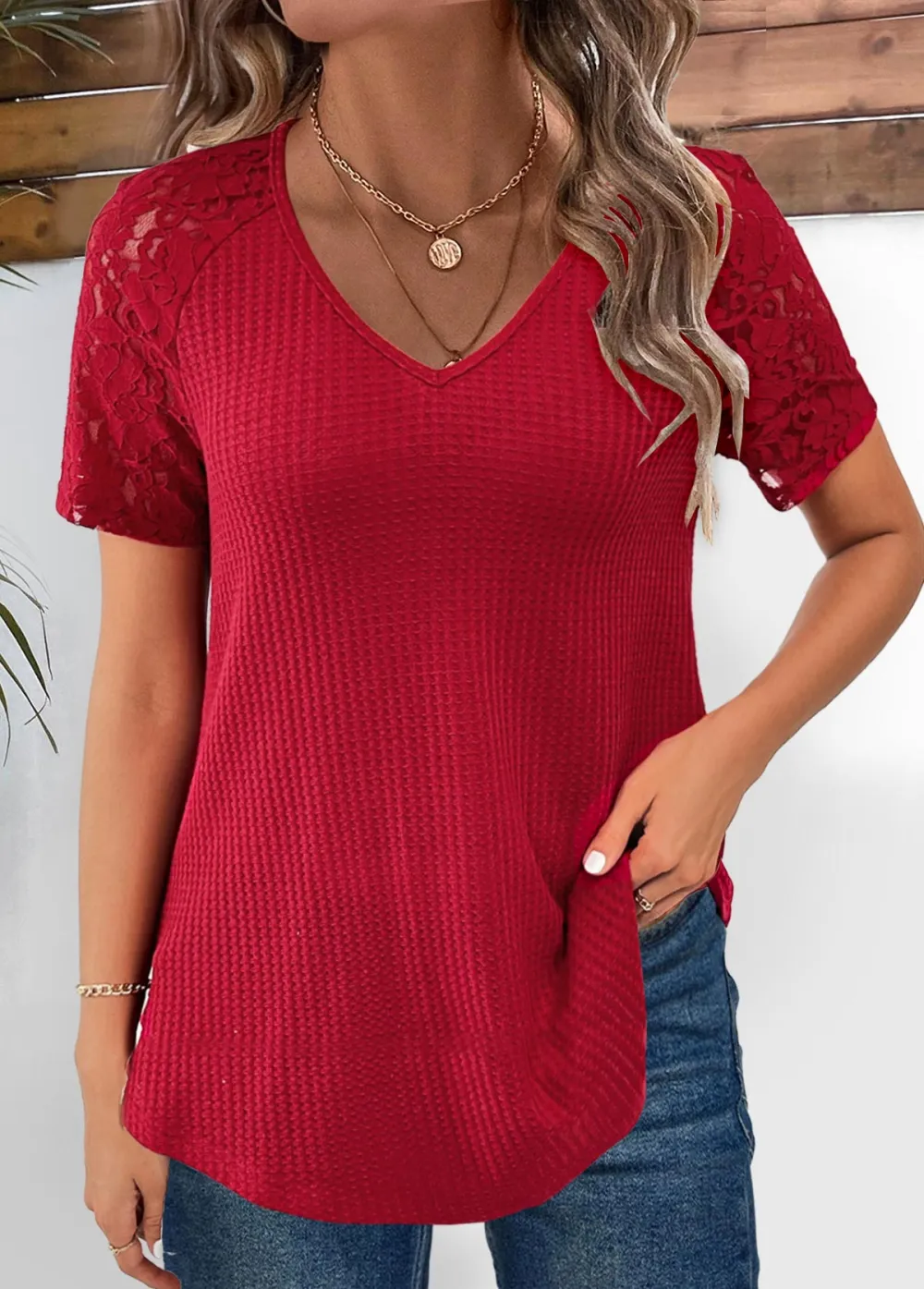 Wine Red Lace Short Sleeve V Neck T Shirt