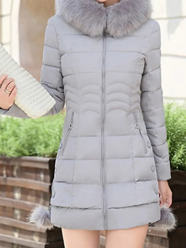 Women's Parka Long Puffer Jacket with Fur Collar Hood Winter Coat Windproof Warm Casual Jacket Long Sleeve Plain with Pockets Full Zip Black Pink Red
