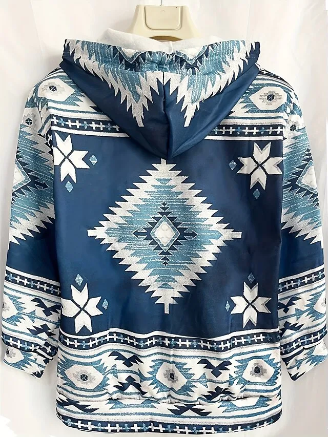 Women's Hoodie Sweatshirt Pullover Vintage Sports Basic Zipper Drawstring Front Pocket Light Yellow Creamy-white smoke grey Geometric Tribal Aztecs Street Casual Hoodie Long Sleeve Top Micro-elastic