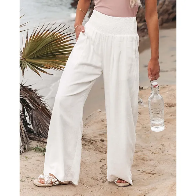 Women‘s Casual Fashion Culottes Wide Leg Chinos Wide Leg Side Pockets Cotton Linen Full Length Pants Casual Weekend Micro-elastic Chinese Style Comfort Mid Waist White Black Khaki S M L XL XXL