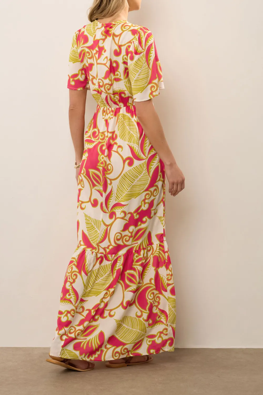 Coral Red Abstract Palm Flutter V-neck Maxi Dress