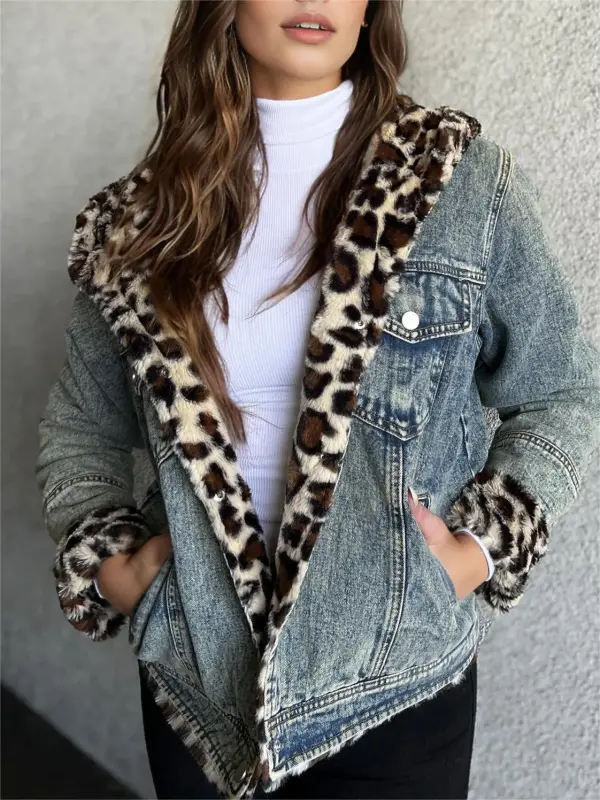 Denim Jacket with Leopard Fur Collar
