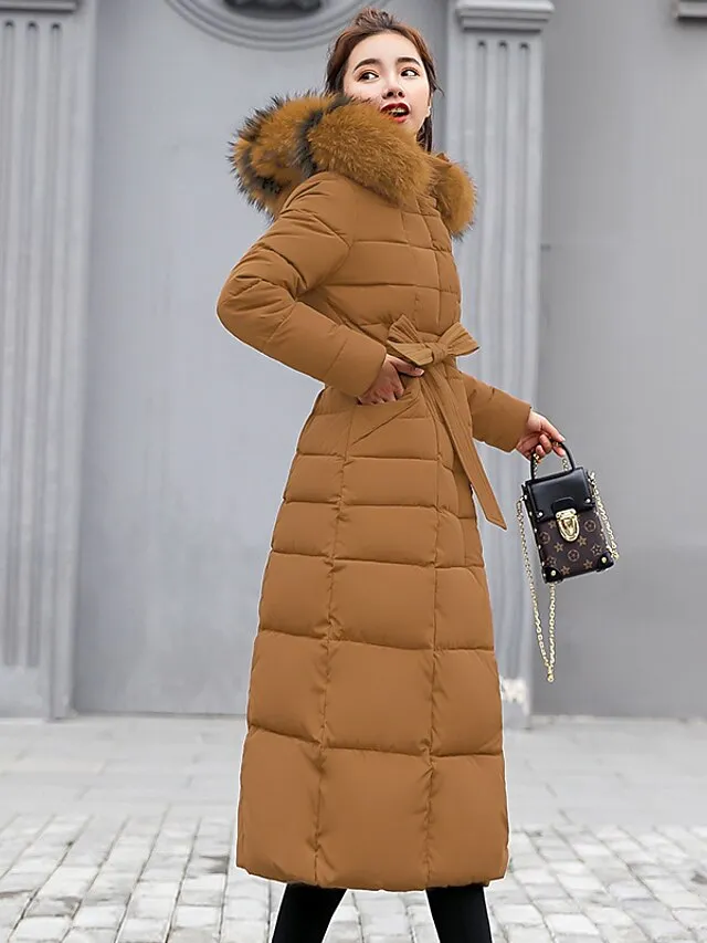 Women's Winter Jacket Puffer Jacket Hoodie Jacket Outdoor Street Daily Winter Fall Long Coat Regular Fit Windproof Warm Sports Streetwear Casual Jacket Long Sleeve Solid Color Rust Red caramel