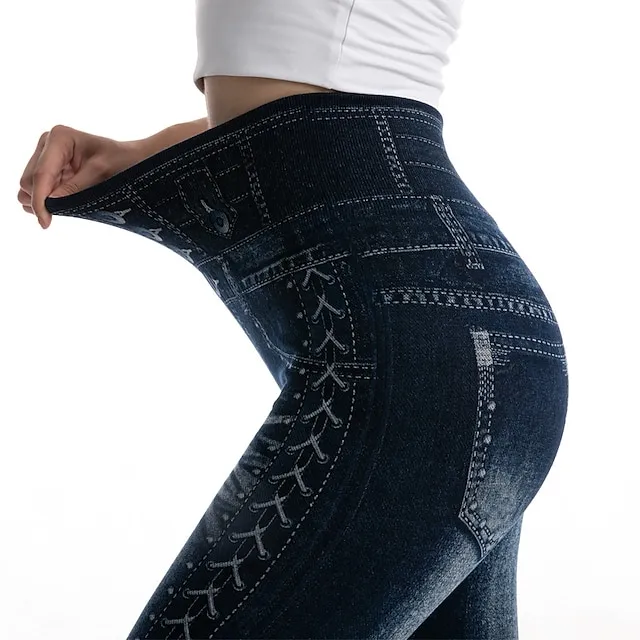 Women's Tights Pants Trousers Full Length Faux Denim Stretchy High Waist Fashion Casual Weekend Black Blue S M