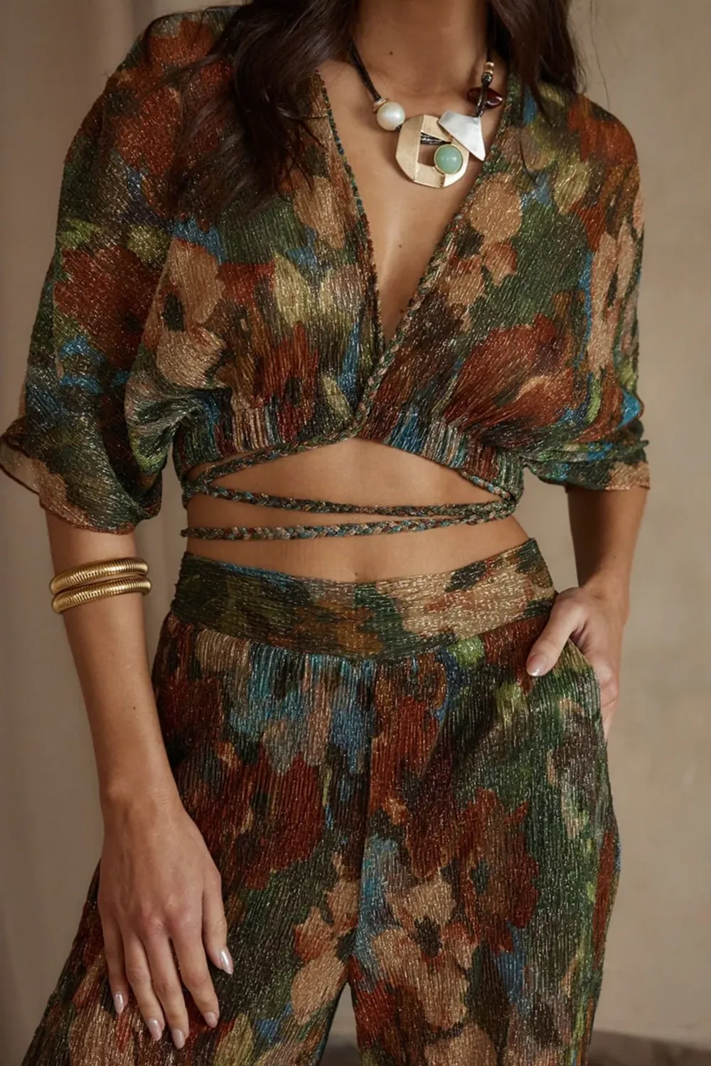 Multicolor Metallic Floral Crop Top