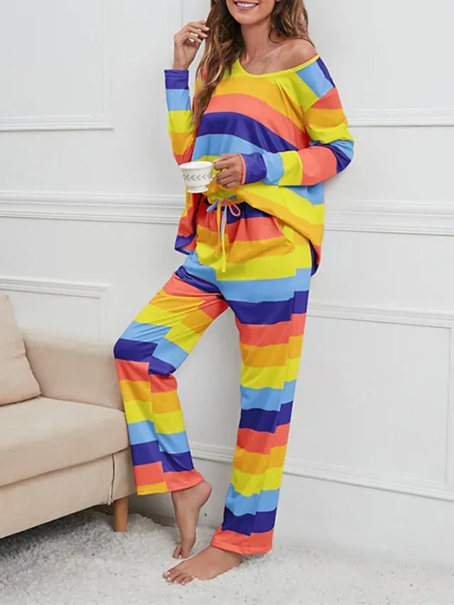 Women's Plus Size Pajamas Sets Nighty Pjs 2 Pieces Rainbow Stripe Fashion Comfort Soft Home Daily Bed Cotton Breathable V Wire Long Sleeve T shirt Tee Pant Fall Spring Blue Yellow