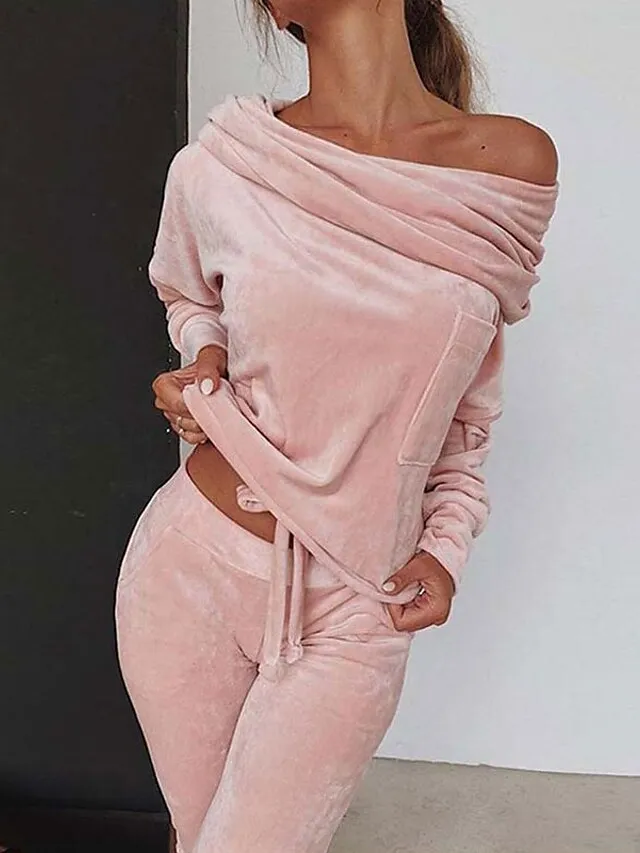 Women‘s Loungewear Sets Winter 2 Pieces Pure Color Comfort Plush Home Street Polyester One Shoulder Long Sleeve Pant Elastic Waist Winter Fall Purple Pink