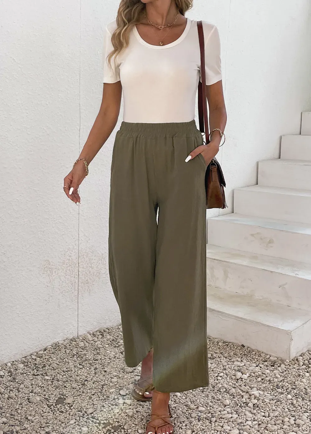 Olive Green Pocket Elastic Waist High Waisted Pants