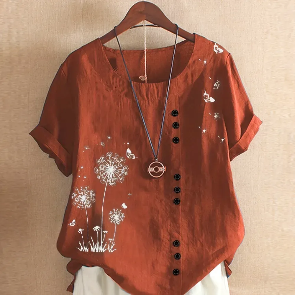 Women's Plus Dandelion Print Tee, Short Sleeve, Casual, Round Neck, Plus Size