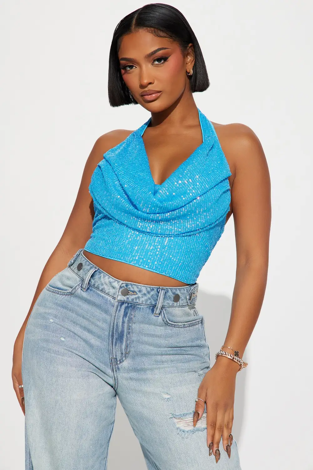 Zoey Sequin Halter Top - Aqua