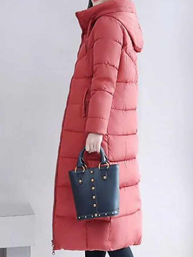 Women's Puffer Jacket Winter Jacket Winter Coat Hoodie Jacket Street Daily Valentine's Day Fall Winter Long Coat Regular Fit Warm Breathable Casual Jacket Long Sleeve Solid Color Full Zip Black Dusty