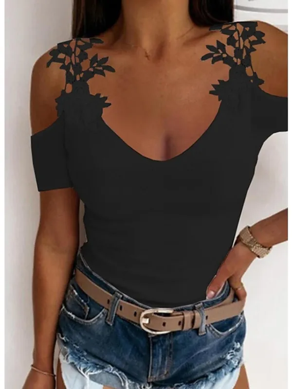 Women's T shirt Tee Going Out Tops Burgundy Tee Concert Tops Black White Wine Plain Lace Cut Out Short Sleeve Casual Weekend Fashion Basic Elegant U Neck Off Shoulder Regular Fit Cold Shoulder