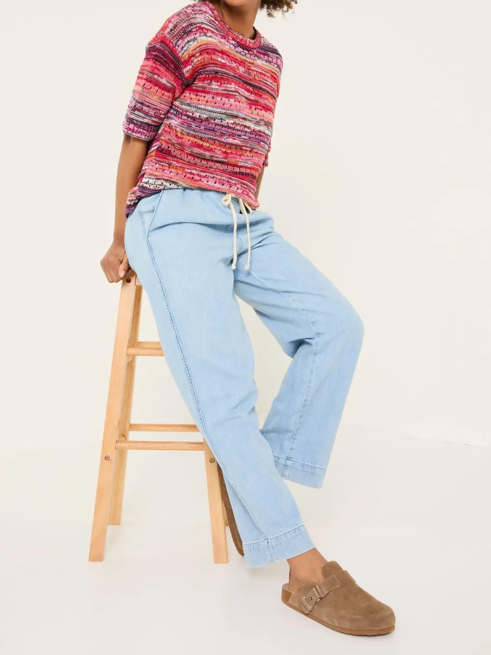 Light Blue Denim Straight Leg Drawstring Jeans