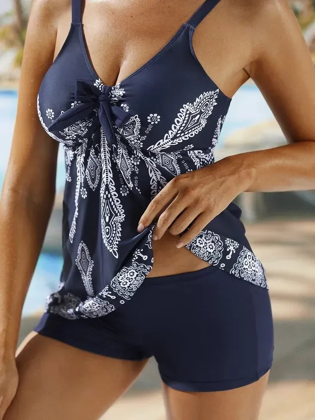 Vacation Ethnic Printing V neck Tankinis Two-Piece Set