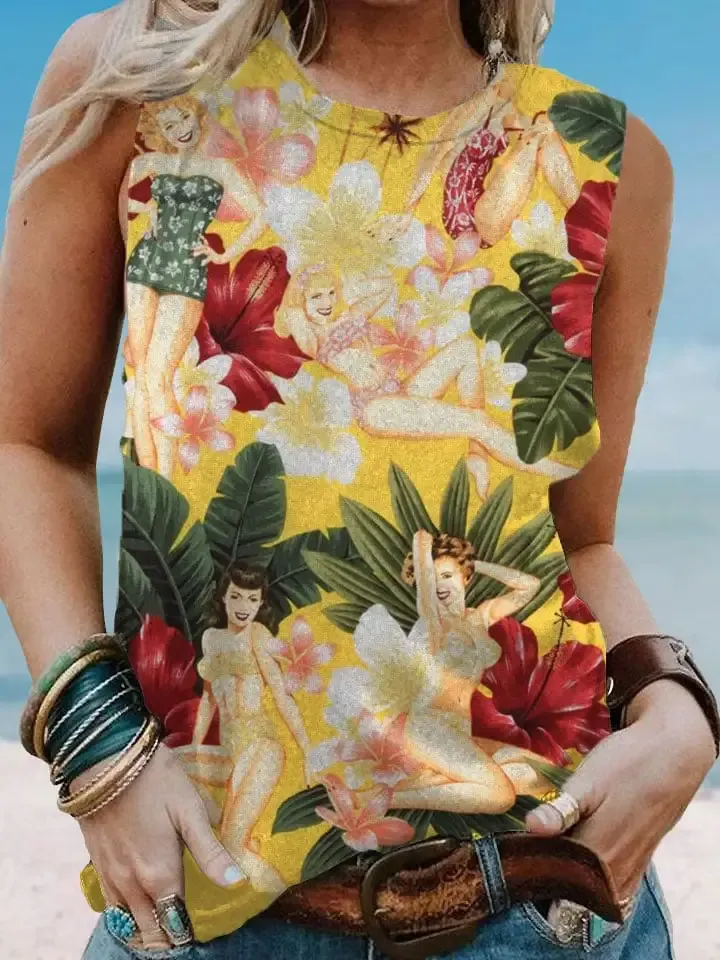 Women's Vintage Hawaiian Vacation Girl Floral Print Sleeveless T-Shirt