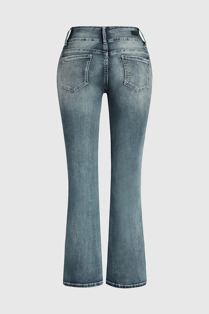 Vintage Button Side Design Mid Waist Flare Jeans