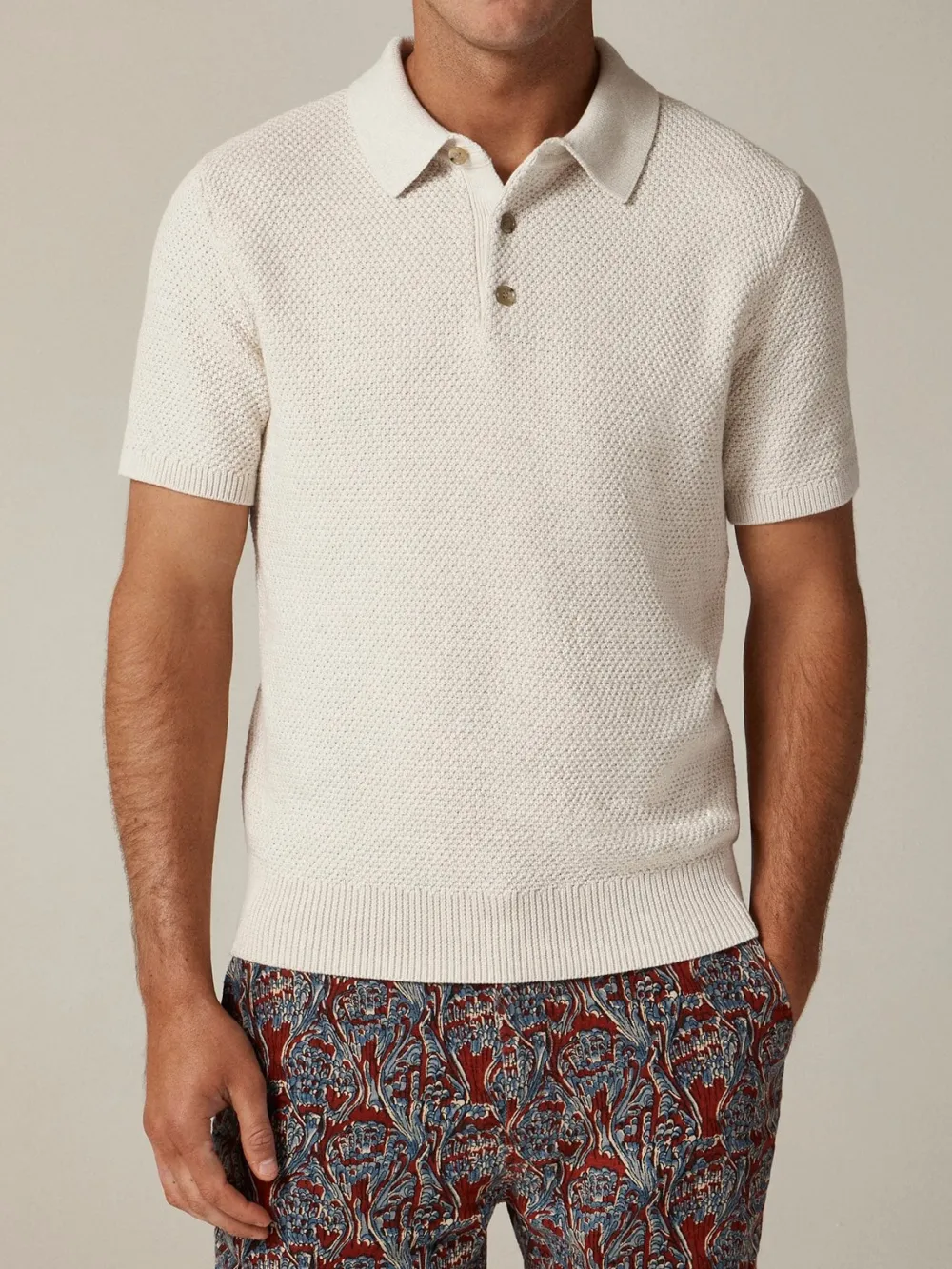 Cream Colored Short Sleeve Polo Style Knit Sweater