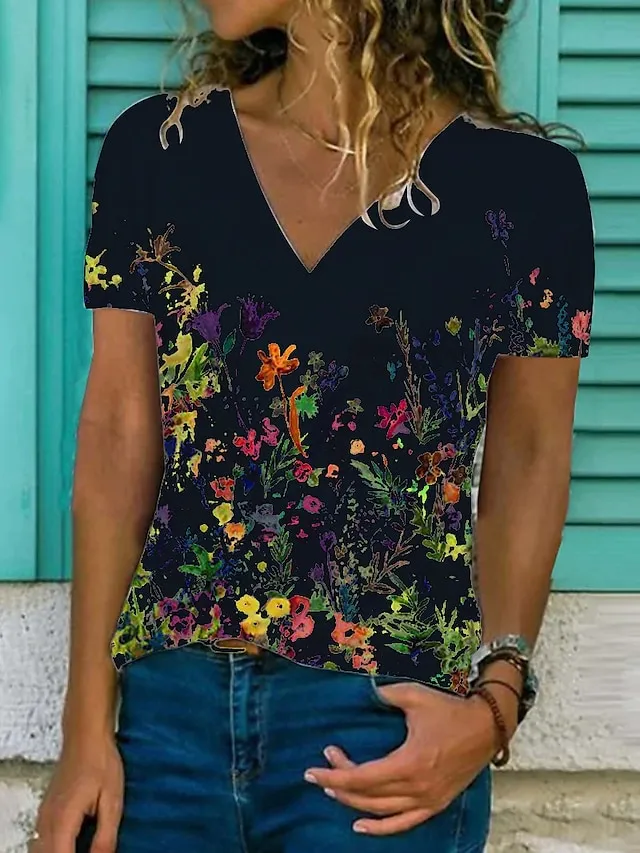 Women's T shirt Tee Black White Blue Graphic Floral Print Short Sleeve Casual Daily Basic V Neck Regular Floral Butterfly S