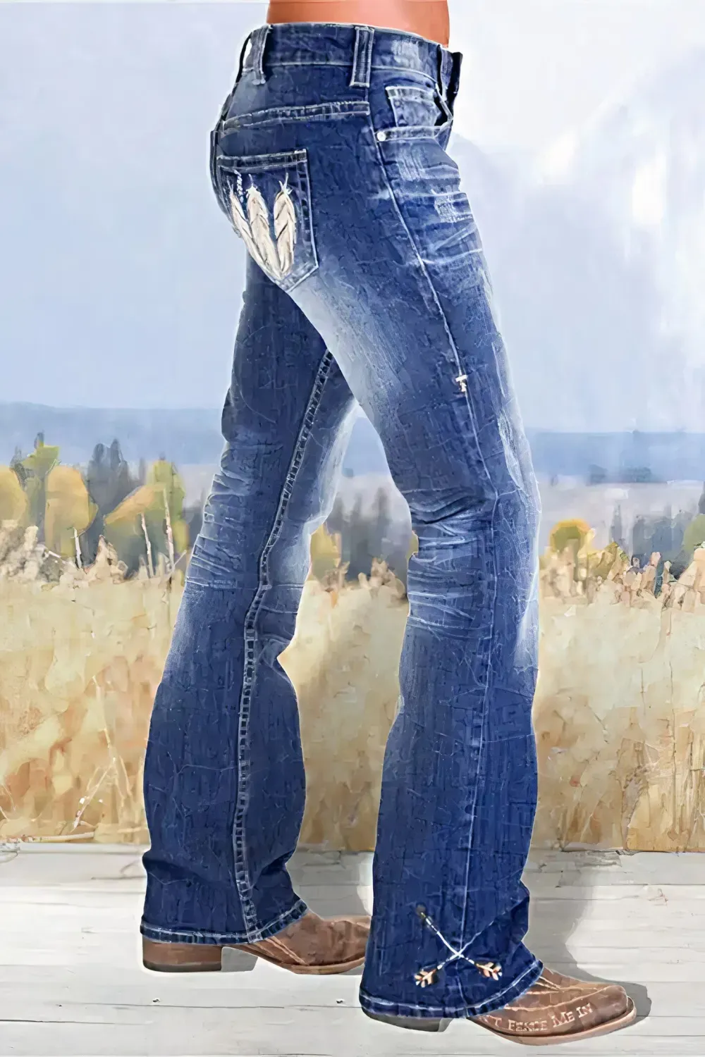 Vintage Feather Pattern Ripped Low Waist Bootcut Jeans