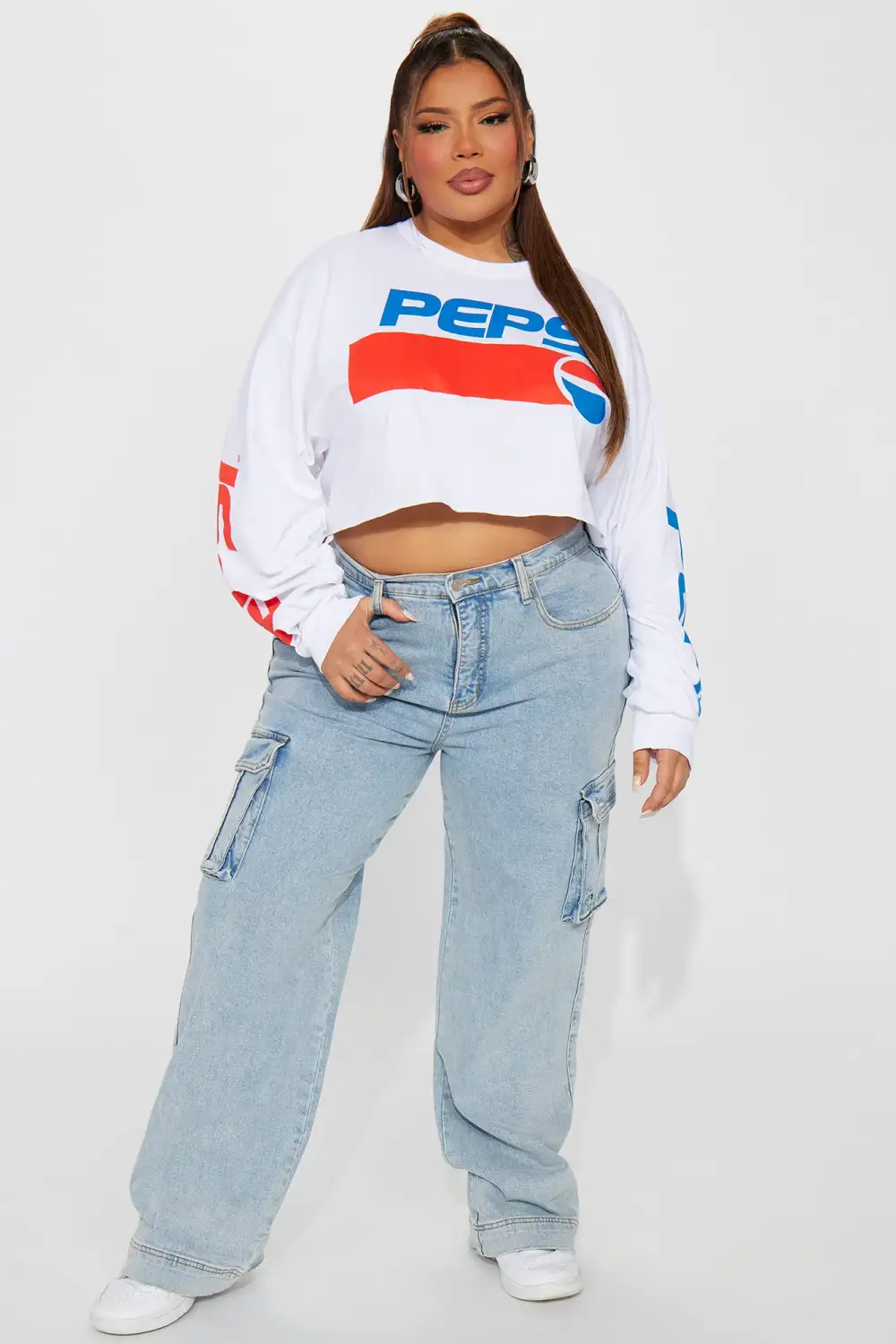 Pepsi Cola Long Sleeve Crop Top - White