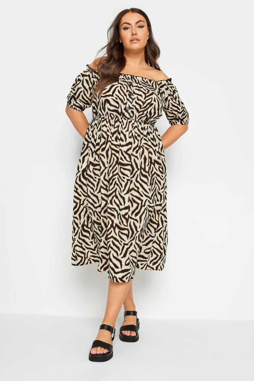 YOURS Curve Beige Brown Animal Print Bardot Midi Dress