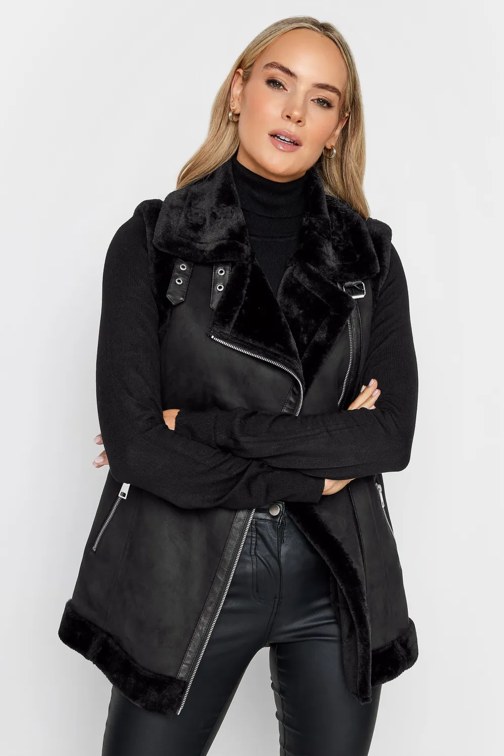 LTS Tall Black Faux Fur Trim Aviator Gilet