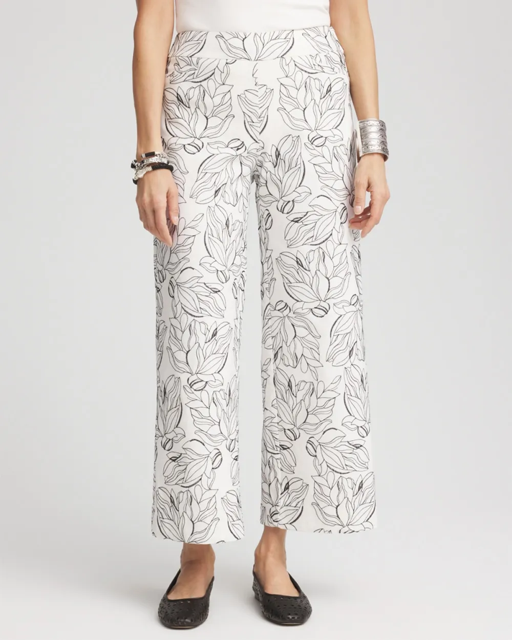 White Floral Print Wide Leg Trousers