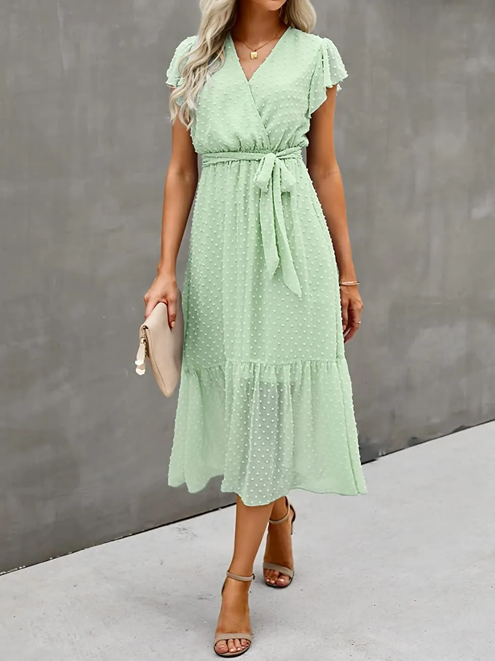 Women Summer Bohemian Floral Casual Wrap V Neck Ruffle Cap Sleeveless Belt A-Line Pleated Hem Swing Midi Sun Dress