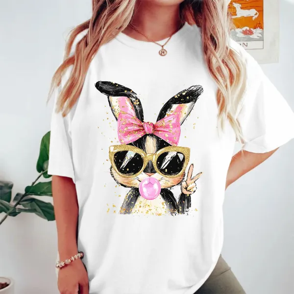 Easter Shiny Bunny Say Hi Printed Round Neck Short Sleeve T-Shirt