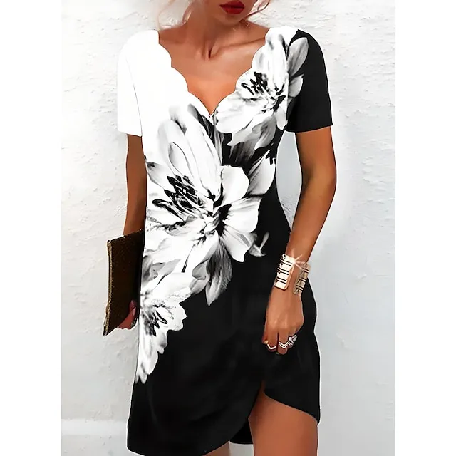 Women's Casual Dress Shift Dress Floral Dress Mini Dress Black And White Black White Short Sleeve Floral Print Summer Spring Scalloped Neck Fashion Vacation 2023 S M L XL XXL 3XL