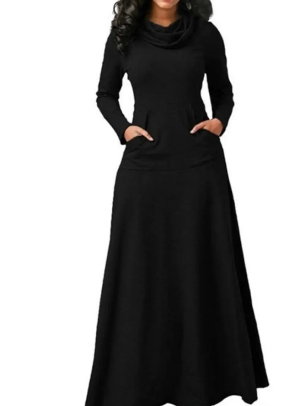 Casual Cowl Neck Pocket Long Sleeve Plain Maxi Dress