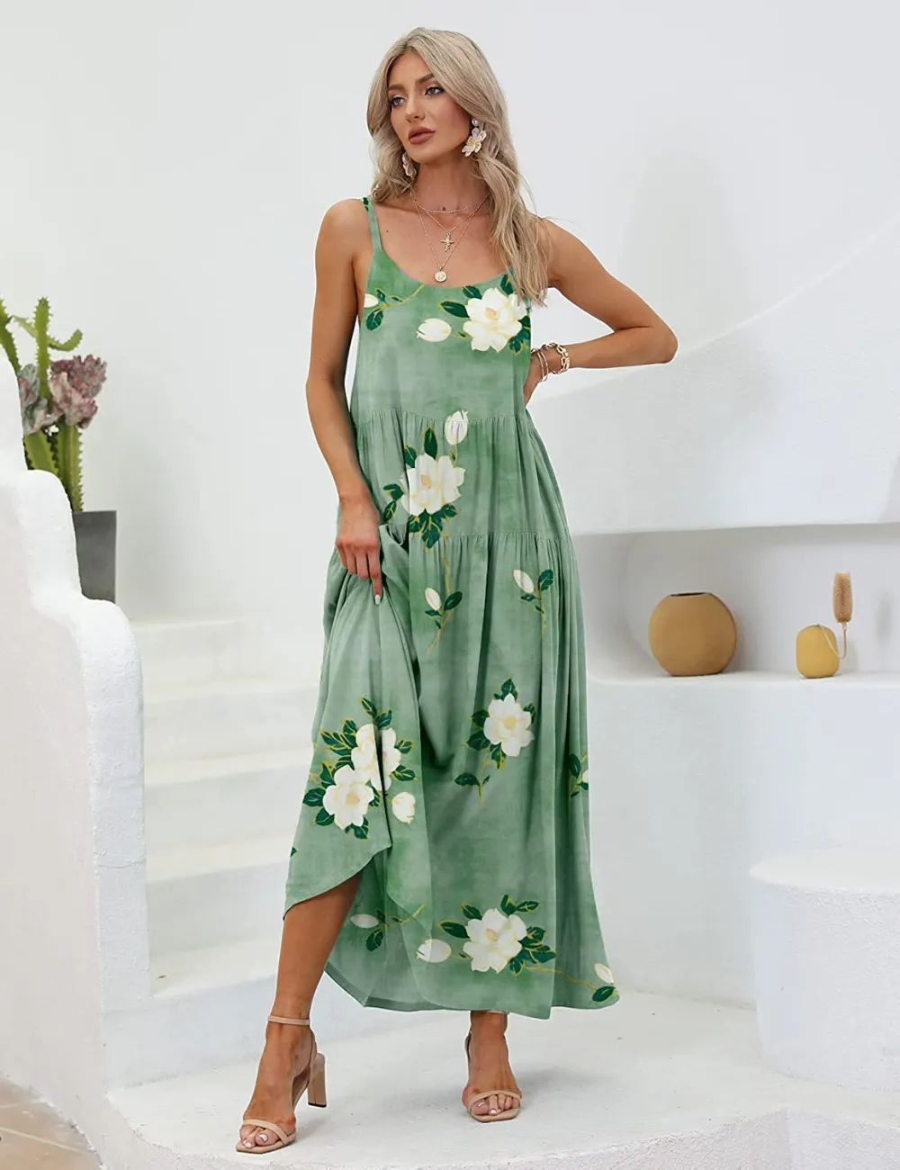 Summer Dresses for Women Casual Loose Bohemian Floral Dress with Pockets Spaghetti Strap Maxi Dress E75