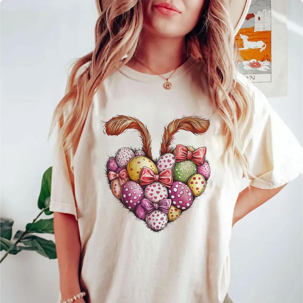 Easter Love Bunny Egg Printed Round Neck Short Sleeve T-Shirt