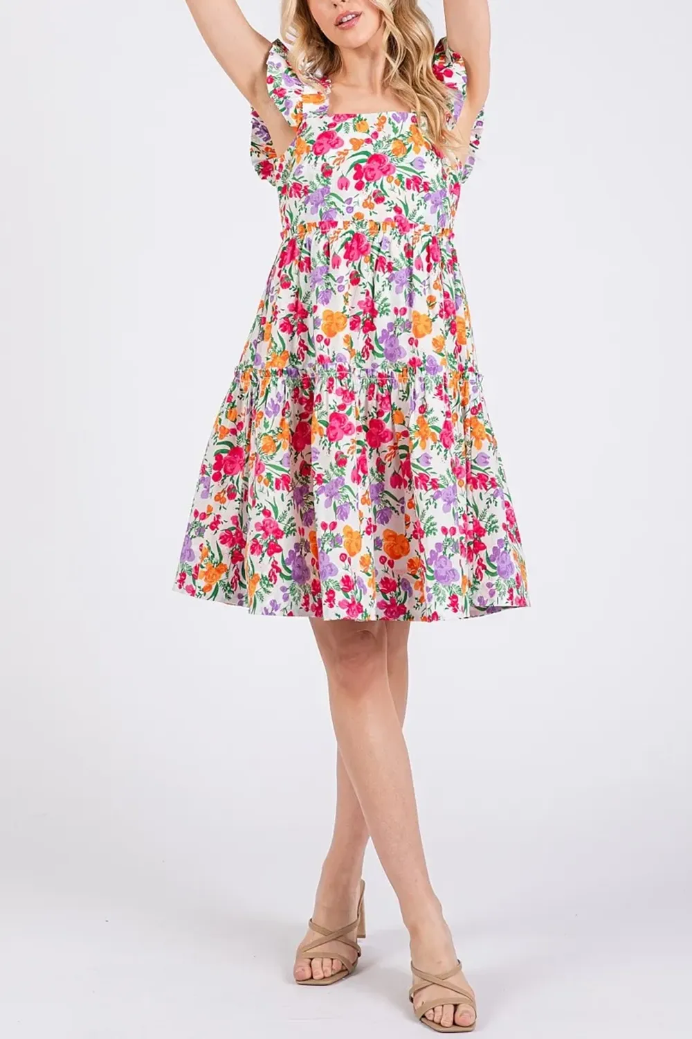 All-Match Temperament Square Neck Ivory Multl Dress