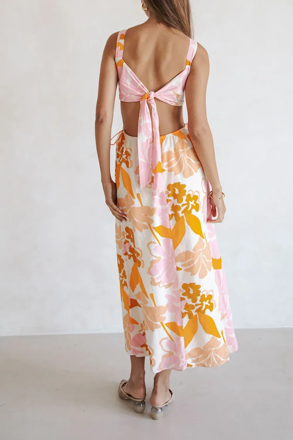 Cut Out Floral Print Midi Dress