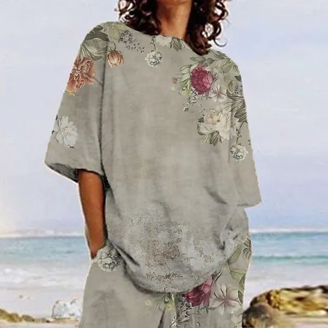 Women's Loungewear Sets Nighty 2 Pieces Flower Comfort Sweet Home Daily Polyester Crew Neck Half Sleeve Spring Summer Green